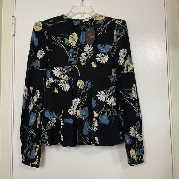 NEW! By TIMO BLACK FLORAL DAISY RUFFLE HEM SPRING BLOUSE TOP SIZE Small - Picture 1 of 5
